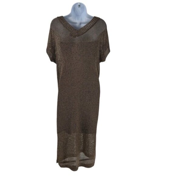 Tuckernuck Bronze Metallic Knit Mesh V Neck Short Sleeve Midi Dress Size M - Picture 5 of 9
